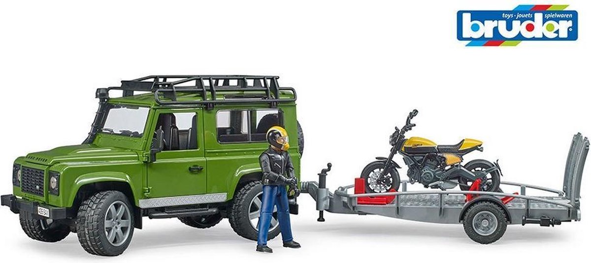 Bruder 02589 Landrover met Scrambler Ducati Full Motor en Figuur
