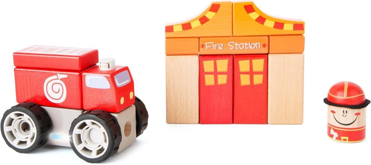Houten Brandweer auto / Bouwblokken met geluid 26 Cm