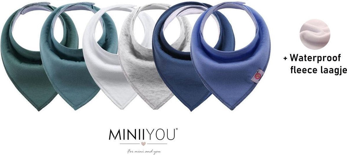 MINIIYOU - Set 6 stuks bandana slabbetjes  jongens meisjes - Effen groen blauw - waterproof - puntslabbetjes - katoen + fleece
