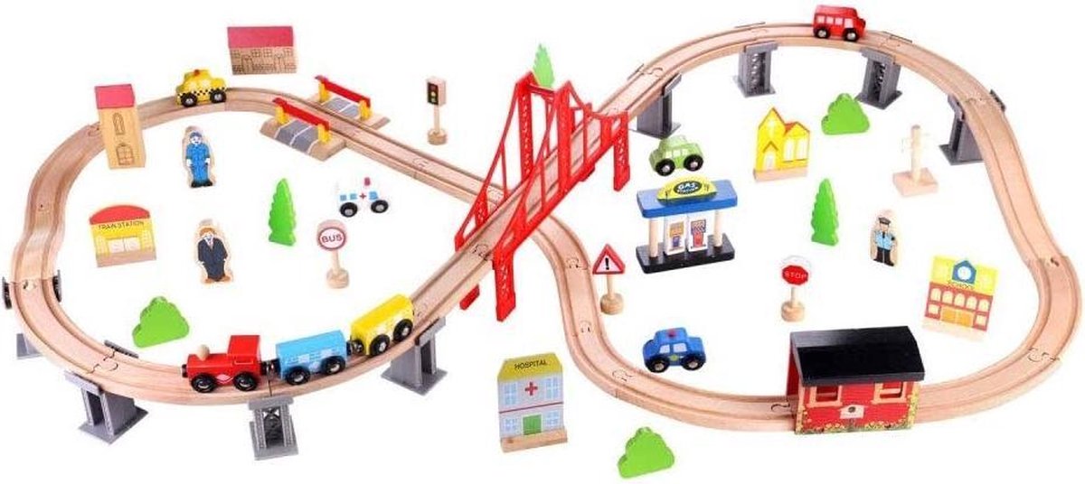 Tooky Toy Treinset junior hout naturel 70-delig
