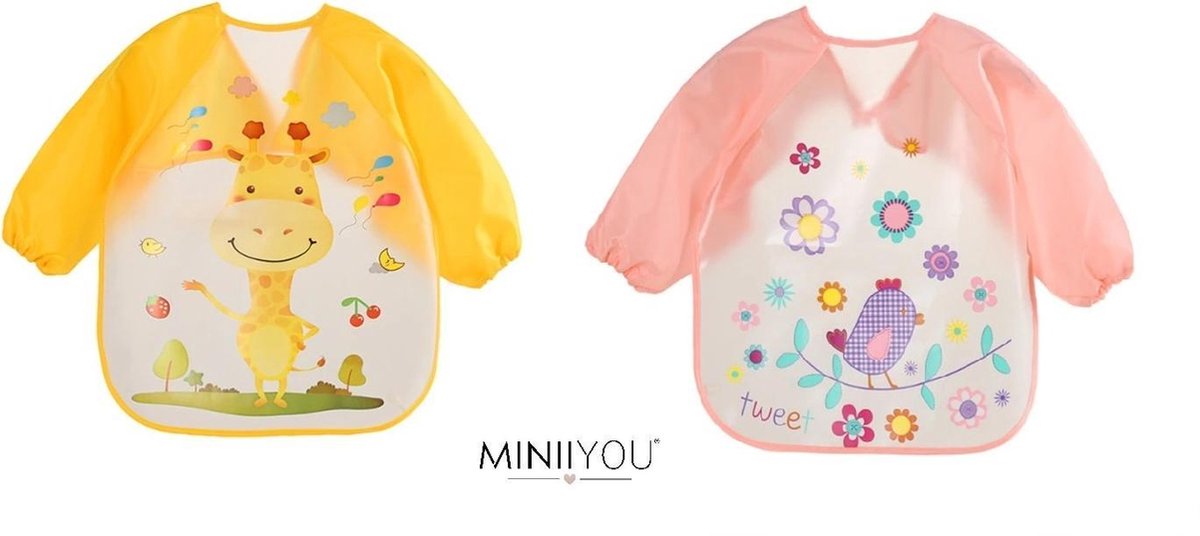 MINIIYOU Slabbetjes Met Lange Mouwen - Duo pack giraf vogel -  Knutselschort - Waterdicht