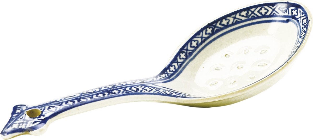 Authentieke Chinese Rijstlepel van porselein - 21 cm - Wit/blauw