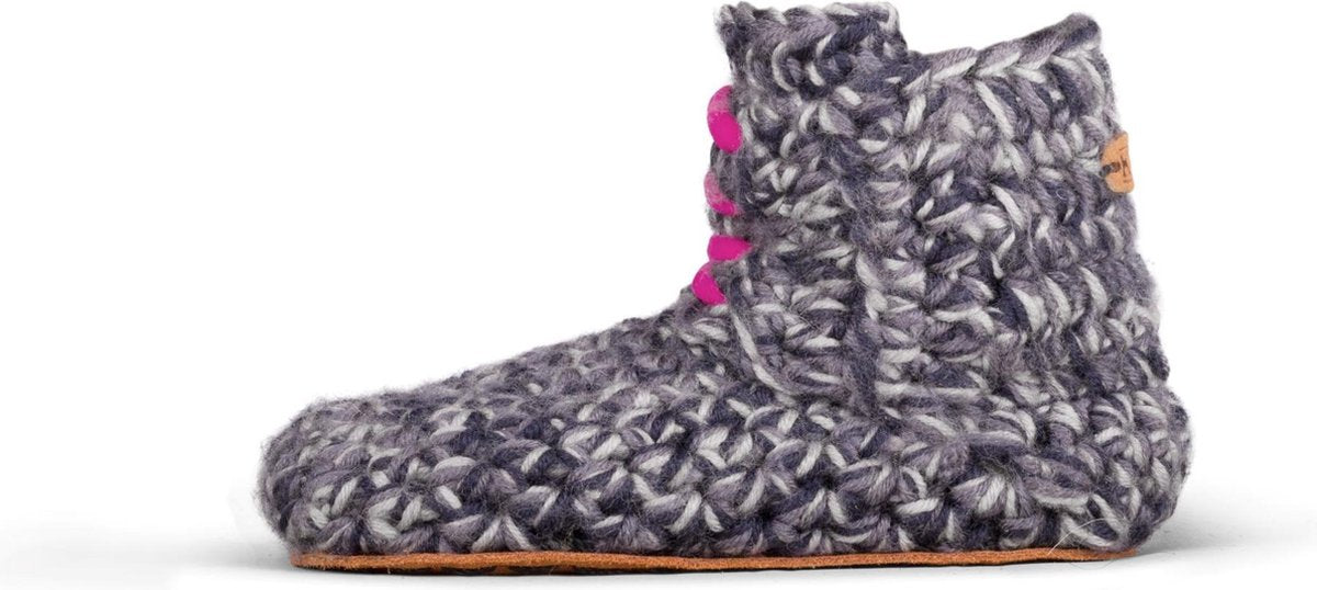 Kingdom of Wow - Sloffen Kind Meisje Wol Grijs Roze Maat 24/25 - Handgemaakt
