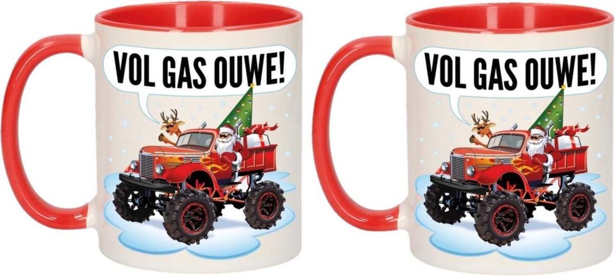 4x stuks kerstmis cadeau mokken - Monstertruck auto - vol gas ouwe - 300 ml - keramiek - mokken / bekers - Kerst servies