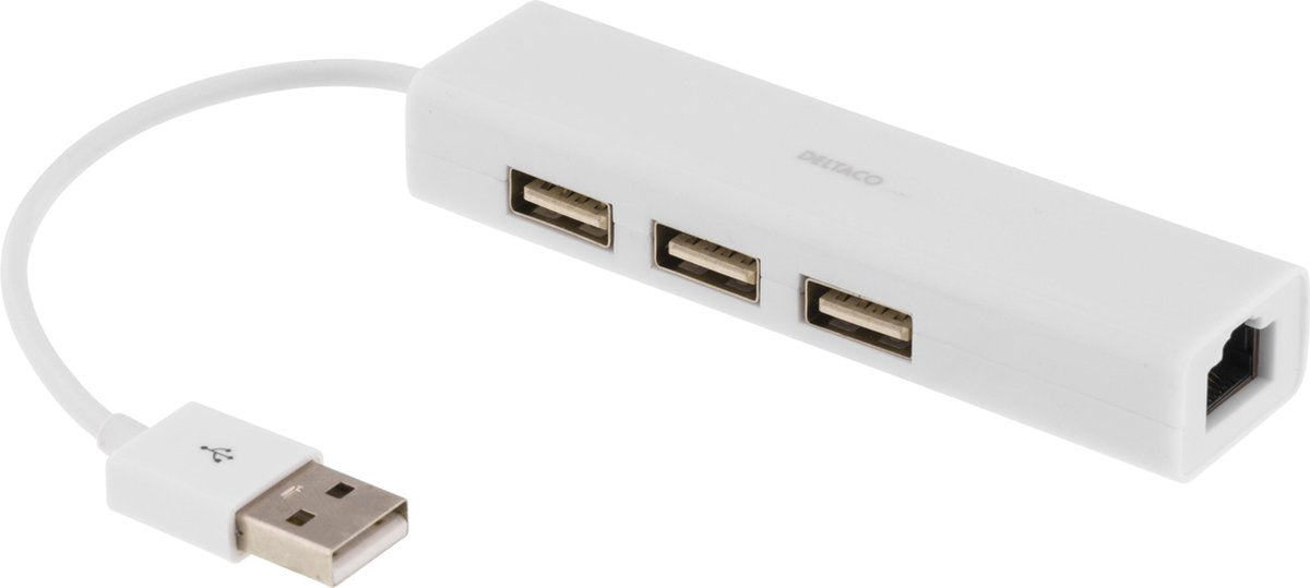 DELTACO USB2-LAN3 - USB 2.0 Netwerkadapter met USB-hub - wit