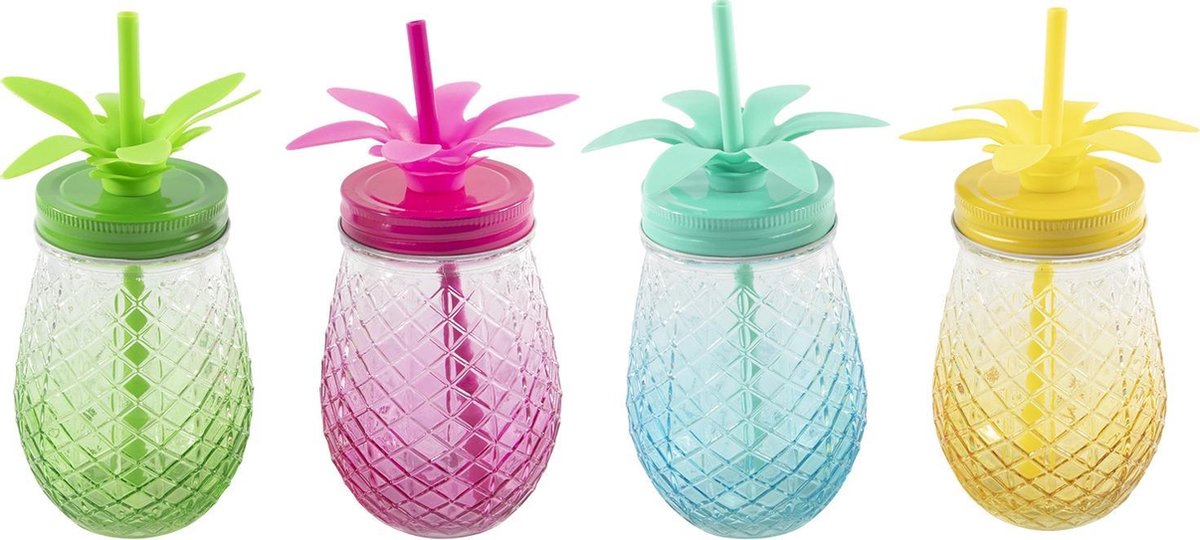 Gezellige Bekers - 4 stuks - 4 kleuren - Ananas - Cocktails - Glas - 500ml