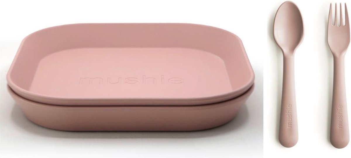 Mushie borden en bestek|Set 2 borden+Vork en Lepel|Blush oud roze|Kinderservies|BIBS|Bestek|Bord|