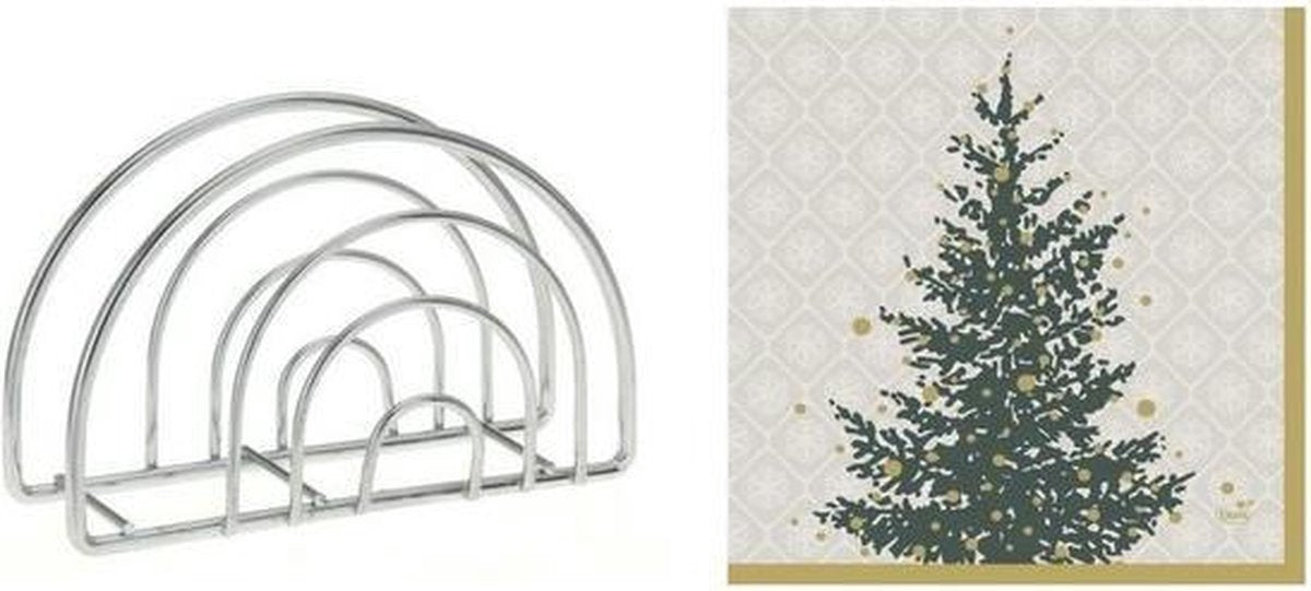 Servettenhouder met kerst servetten grijs/goud kerstbomen 33 x 33 cm - Servethouders/servettenhouders - Servetten - Kerstdiner tafeldecoratie versieringen