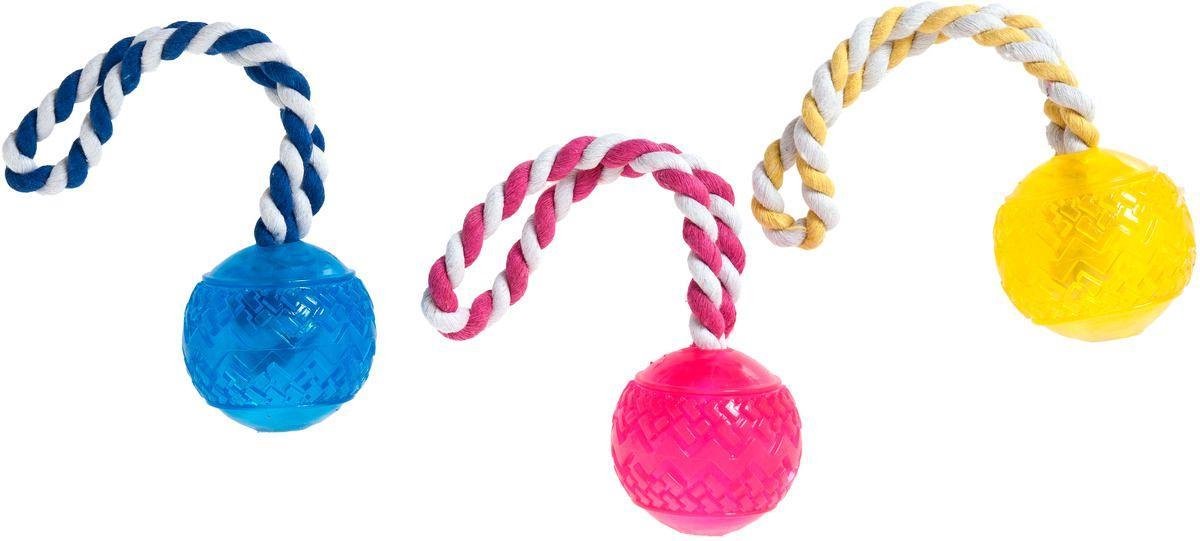 Dog toy tpr ball w. rope colour ass.