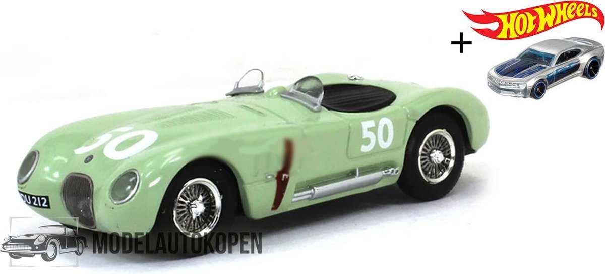 Jaguar C-Type #50 Stirling Moss 1952 (Mint) (15cm) 1/43 Atlas + Hot Wheels Miniatuurauto + 3 Unieke Auto Stickers! - Model auto - Schaalmodel - Modelauto - Miniatuur autos - Speelgoed voor kinderen