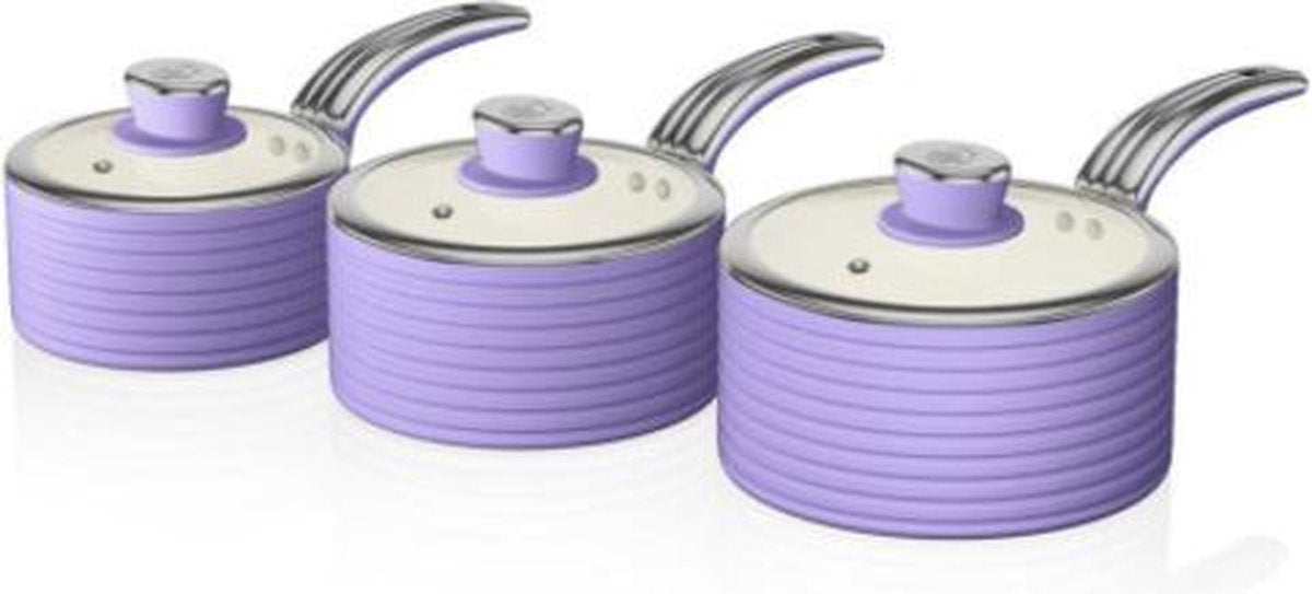 Swan Retro Pannenset Van 3 – Geschikt Voor Alle Soorten Verwarming – Paars