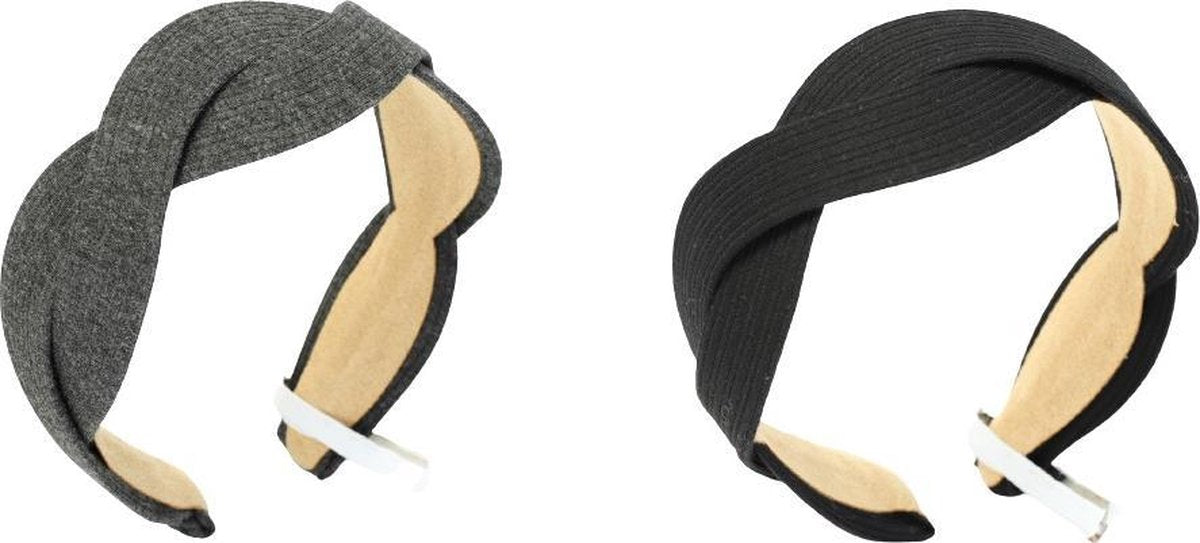 2 pack - Gevlochten dames diadeem - grijs en zwart - haarband vlecht