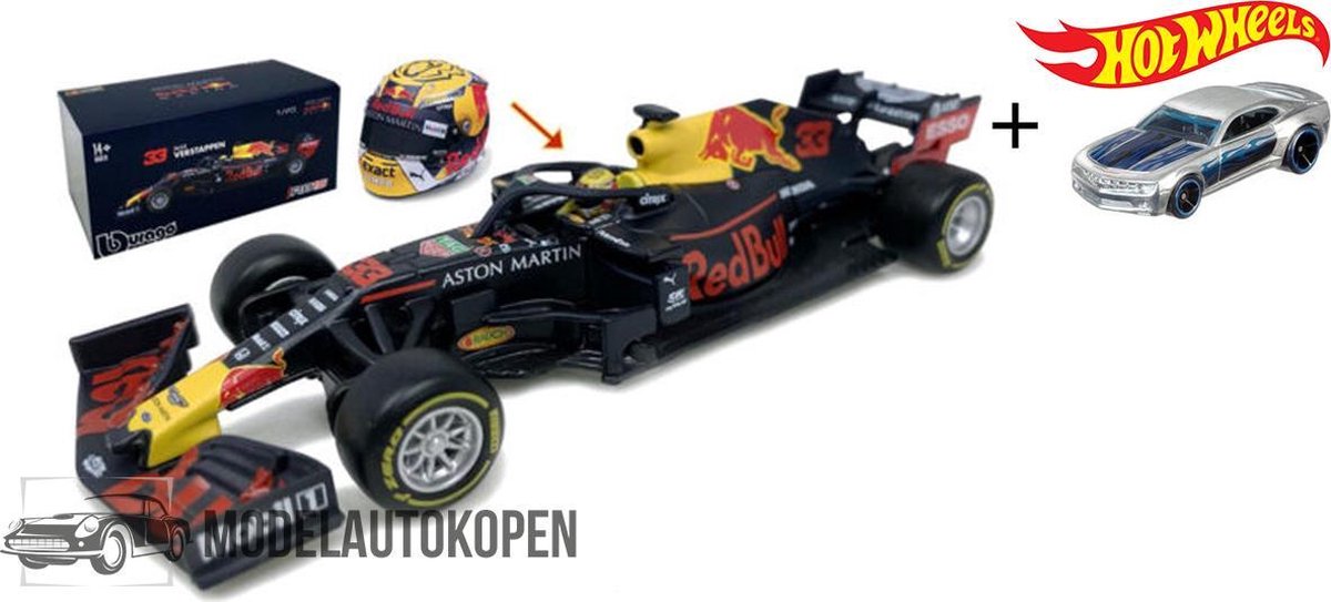 Aston Martin Red Bull Racing - TAG Heuer RB15 (2019) (Donkerblauw) (10 cm) 1/43 Bburago + Hot Wheels Miniatuurauto + 3 Unieke Auto Stickers! - Model auto - Schaalmodel - Modelauto - Miniatuur autos - Speelgoed voor kinderen