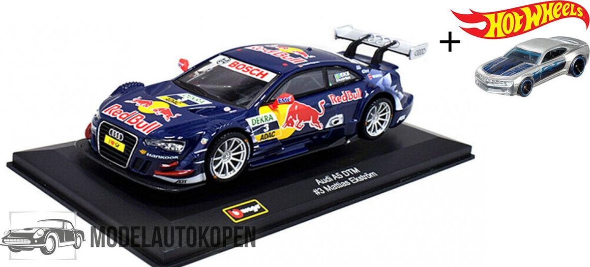 Audi A5 DTM #3 Mattias Ekström (Blauw) (10 cm) 1/32 Bburago + Hot Wheels Miniatuurauto + 3 Unieke Auto Stickers! - Model auto - Schaalmodel - Modelauto - Miniatuur autos - Speelgoed voor kinderen