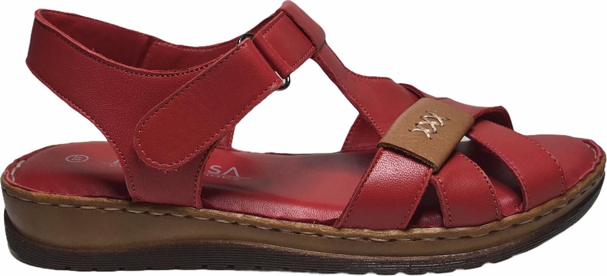 Manlisa velcro 3 kruisjes platte lederen comfort sandalen S147-20-1725 rood mt 40