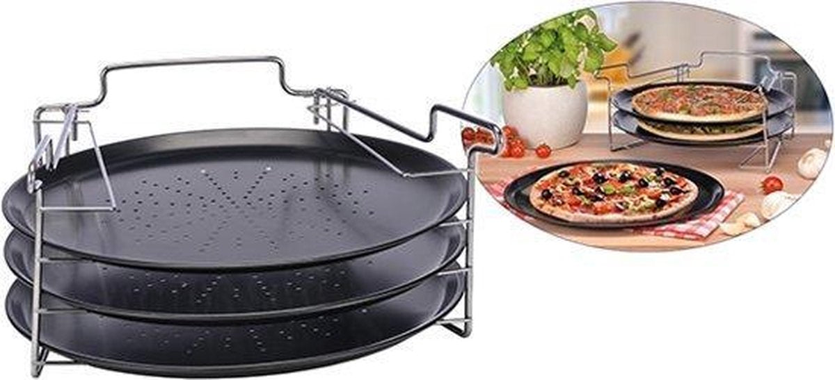 Relaxwonen - 3 pizzaplaten met pizzarek - pizza bakplaat rond 33 cm - pizzaplaat 3 stuks