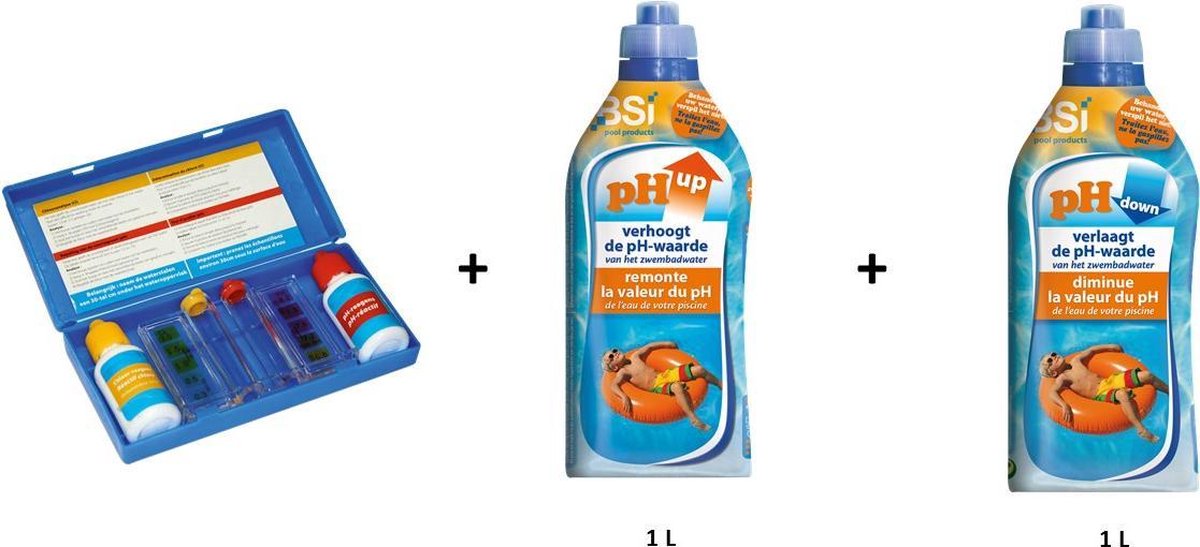Zwembad pH-kit: BSI Test kit + pH up liquid 1L + pH down liquid 1L