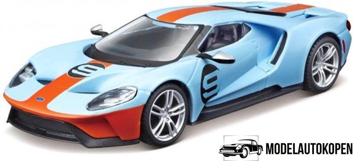 2019 Ford GT – Heritage met showcase (Lichtblauw/Oranje) (14cm) 1/32 Bburago - Modelauto - Schaalmodel - Model auto - Miniatuurautos - Miniatuur auto