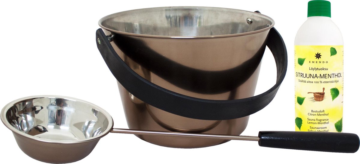 Emendo - sauna emmer - staal met bijpassende lepel & luchtje - 500 ml Citroen en menthol