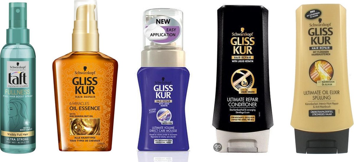 Taft Thick spray - Gliss Kur Conditioner Ultimate Oil Elixir - Gliss Kur Ultimate Volume Direct Care Haarmousse - Schwarzkopf Gliss Kur 6 Miracles Oil Essence 75 ml - Gliss Kur Conditioner Ultimate Repair 200 ml - Voordeelpakket