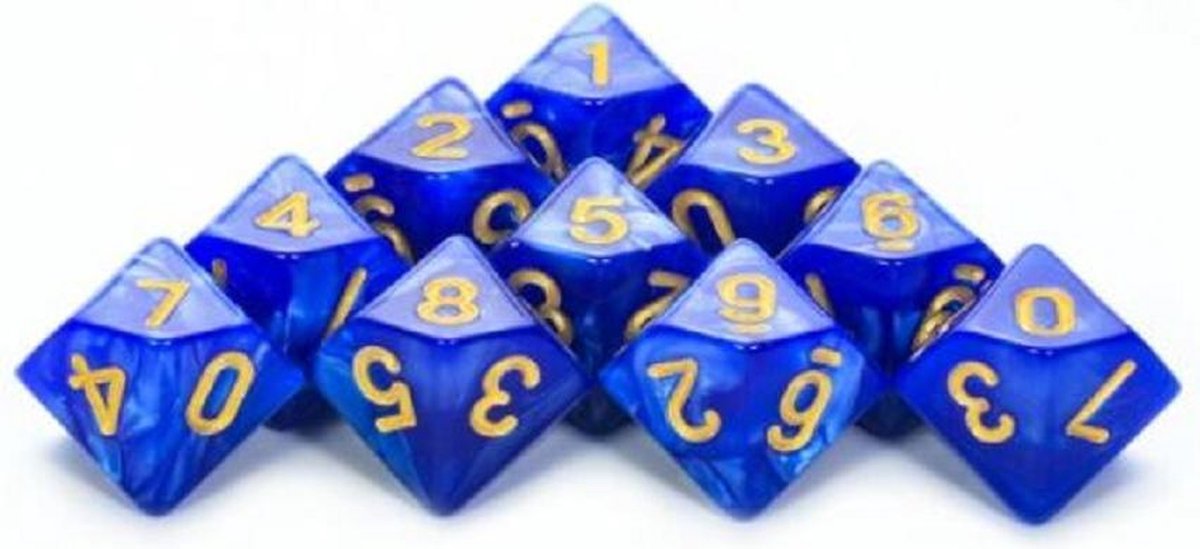 10-Kantige Dobbelsteen (SET van 10 STUKS) - D10 - Blauw Goud - Hoge Kwaliteit - 10 Zijdige Dobbelsteen - Stipco