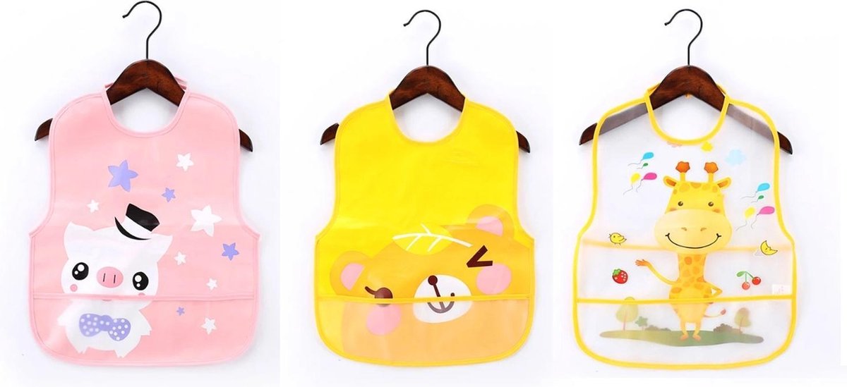 3 pack - Slabbetjes baby en peuter | Kunststof Slabber met opvang zakje - Beer giraf geel - varken roze | Waterproof - Waterdicht | Baby en Peuter Slabbetje
