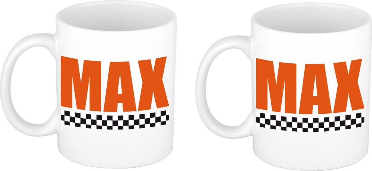 2x stuks Max met finish vlag beker / mok wit - 300 ml - Formule 1 - Nederland supporter / fan