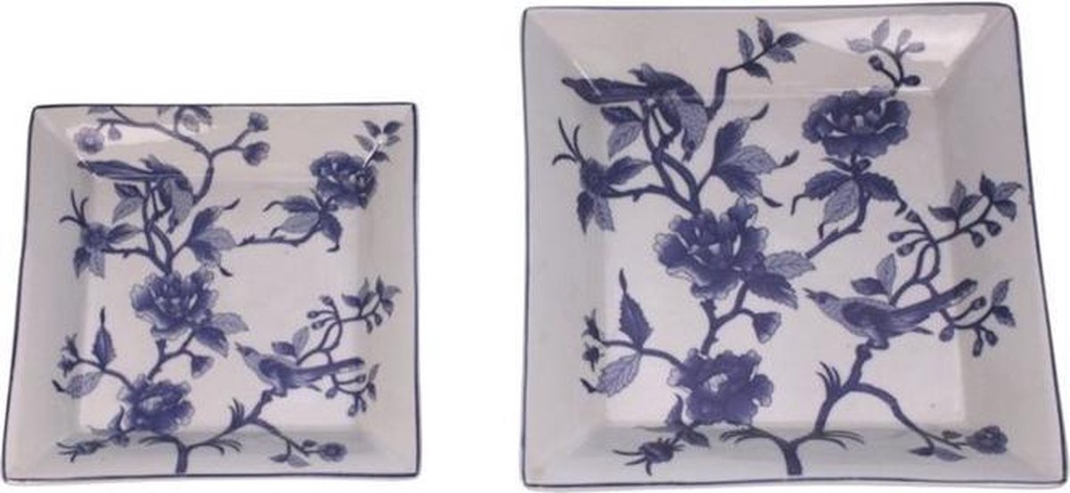 Schaal plat Bloemen/vogels bl/wit VK S/2 22x3