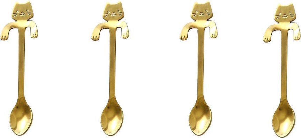 Kattenhebbedingen - Theelepels - koffie lepeltjes - Hangende kat - 4 stuks - goud