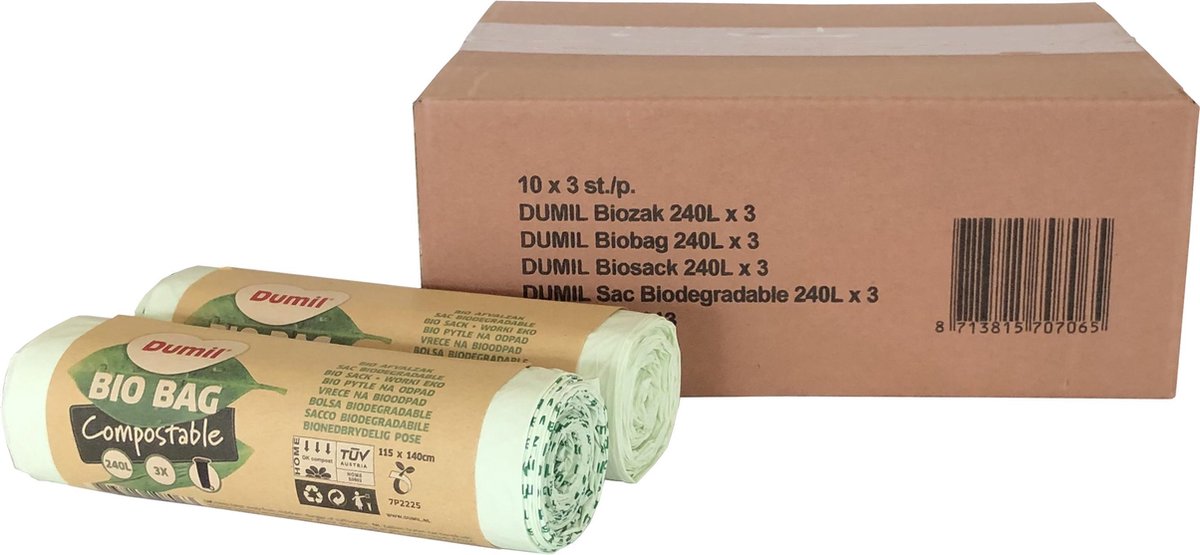 Biozakken 240 liter groen 115x140 cm afbreekbaar - Doos 10 rol à 3 zakken