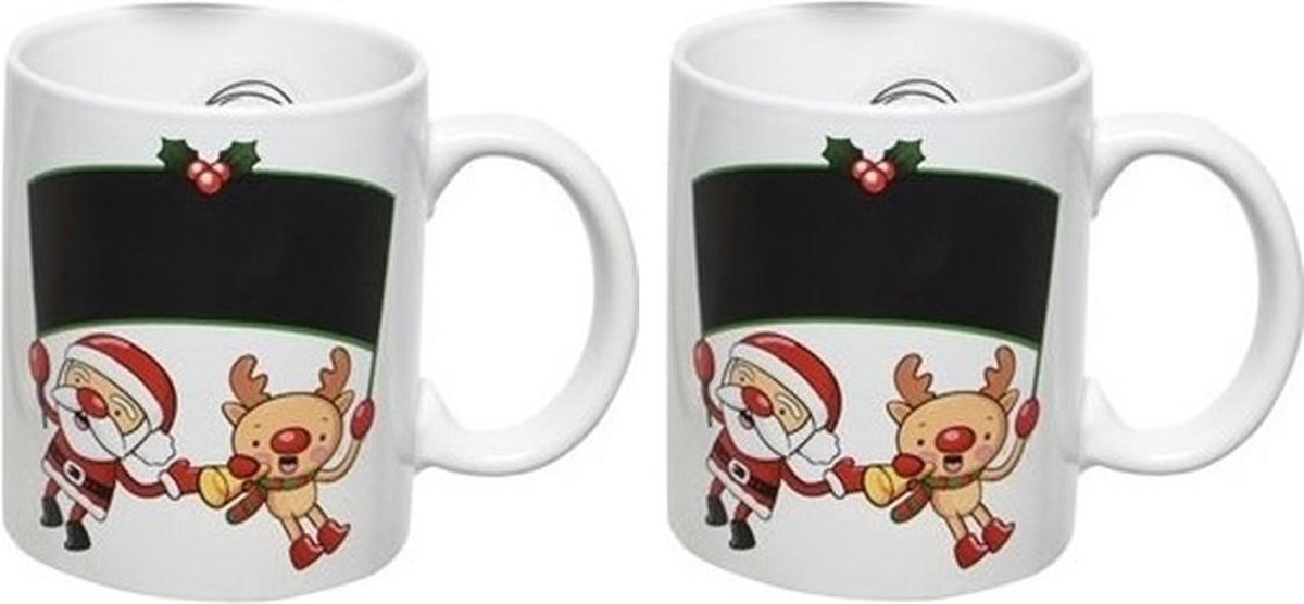 Set van 2x stuks kerst bekers/mokken 300 ml rendier/kerstman met kerstbel - Kerstservies - Kerstontbijt/Kerstdiner tafeldecoratie