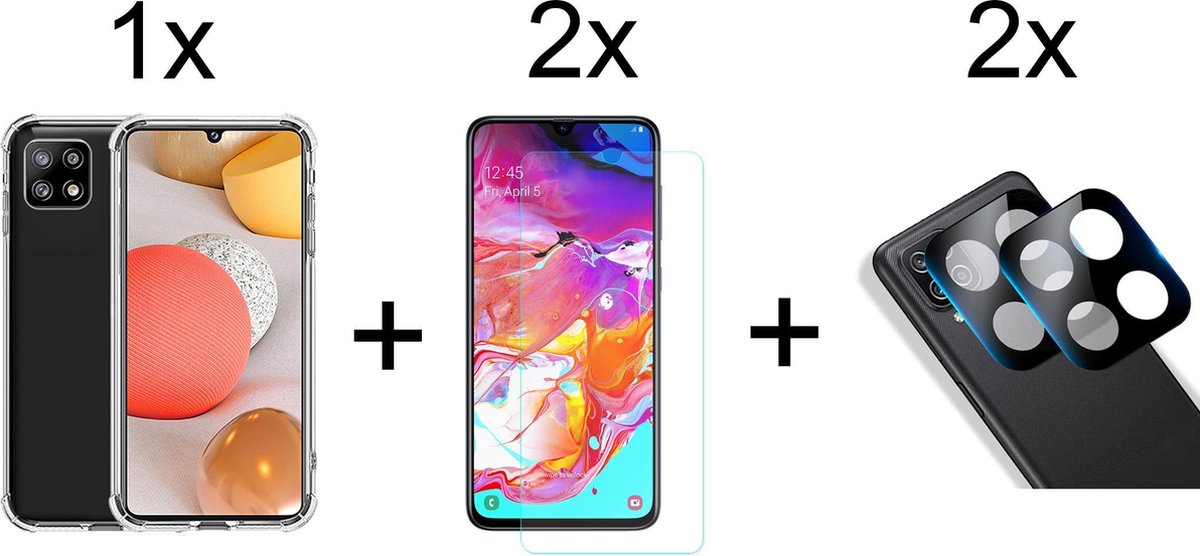 Samsung Galaxy A22 5G hoesje shock proof case transparant - 2x Samsung A22 5G Screen Protector + 2x Camera Lens Screenprotector