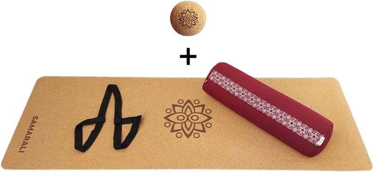 Yin Yoga set – Classic (ROOD)| Kurk yogamat| Yoga Bolster| Kurk massagebal| Draagiem| Ethisch geproduceerd uit natuurlijke materialen
