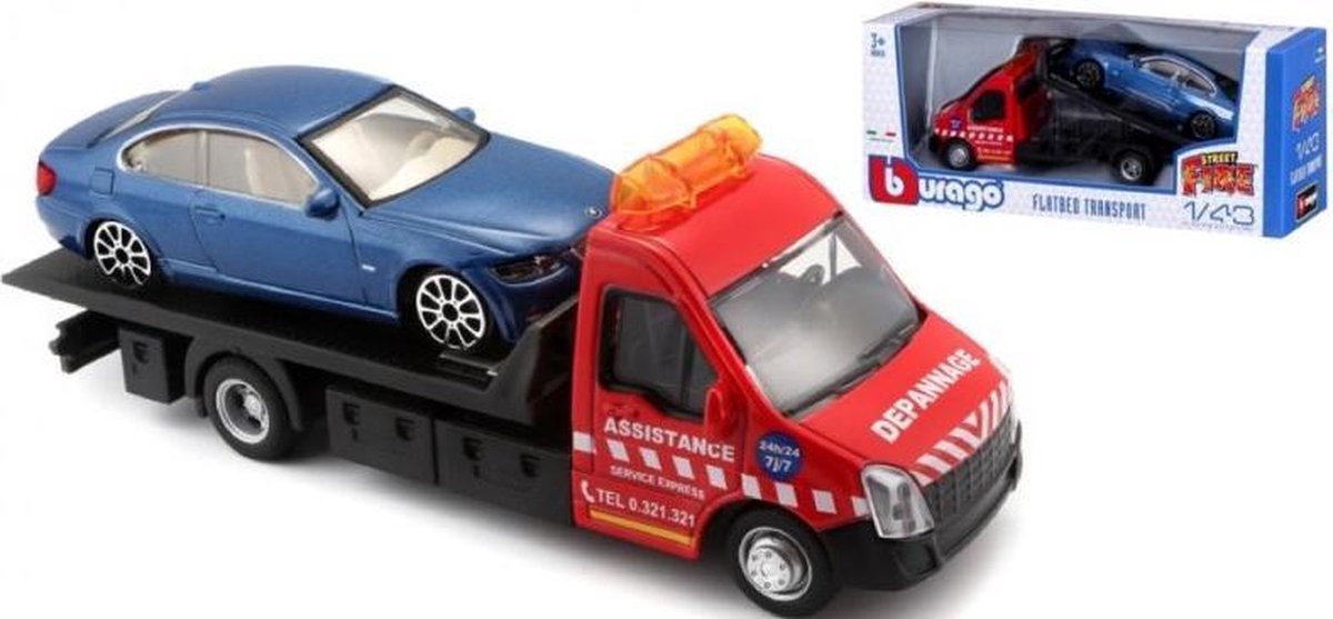 Bburago BMW 6 SERIE + FLATBED TRANSPORTER blauw/rood schaalmodel 1:43