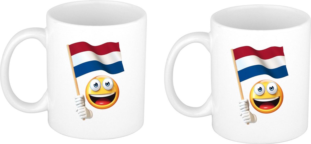 2x stuks smiley vlag Nederland beker / mok wit - 300 ml - oranje supporter / fan