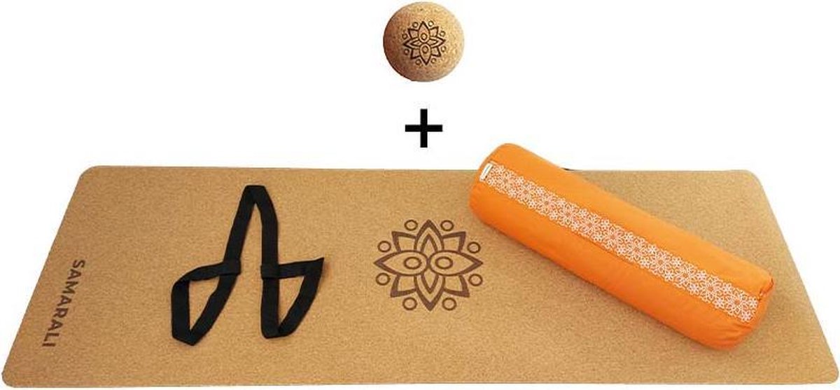 Yin Yoga set – Classic (Oranje)| Kurk yogamat| Yoga Bolster| Kurk massagebal| Draagiem| Ethisch geproduceerd uit natuurlijke materialen