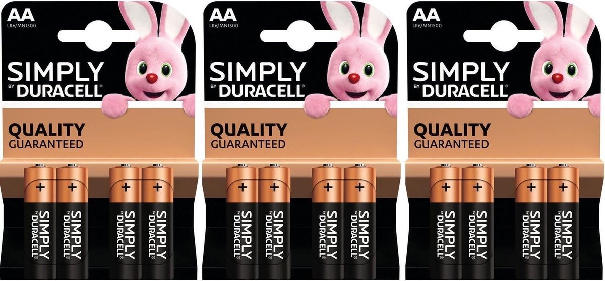 Set van 12x Duracell AA Simply batterijen 1.5 V - alkaline - LR6 MN1500 - Batterijen pack