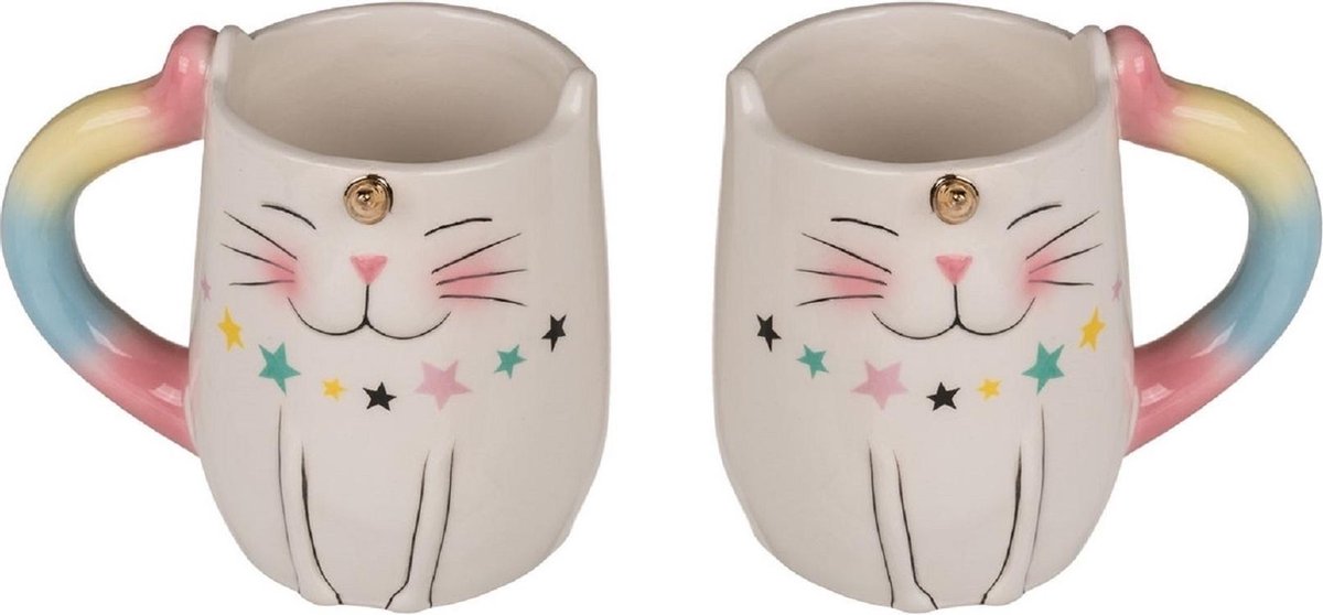 Set van 6x stuks bekers/mokken eenhoorn kat/poes met regenboog print13 cm - Unicorn dieren bekers/mokken