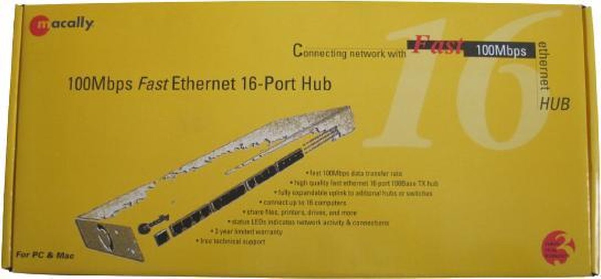 Macally - LAN Netwerk Schakelaar - 10/100 Mbps Netwerk - Desktop PC Switch - 16 Poorten