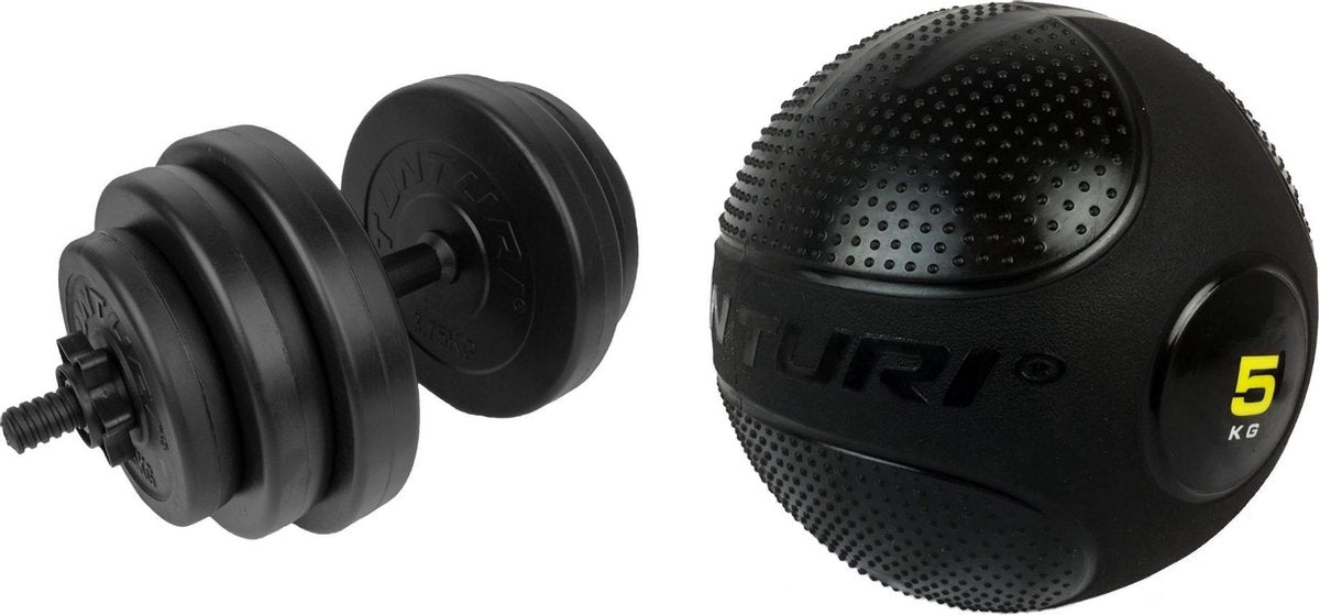 Tunturi - Fitness Set - Vinyl Halterset 15 kg  - Slam Ball 5 kg