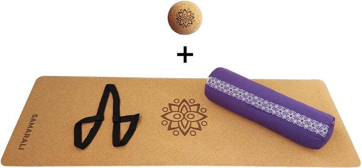 Yin Yoga set – Classic (Purper)| Kurk yogamat| Yoga Bolster| Kurk massagebal| Draagiem| Ethisch geproduceerd uit natuurlijke materialen