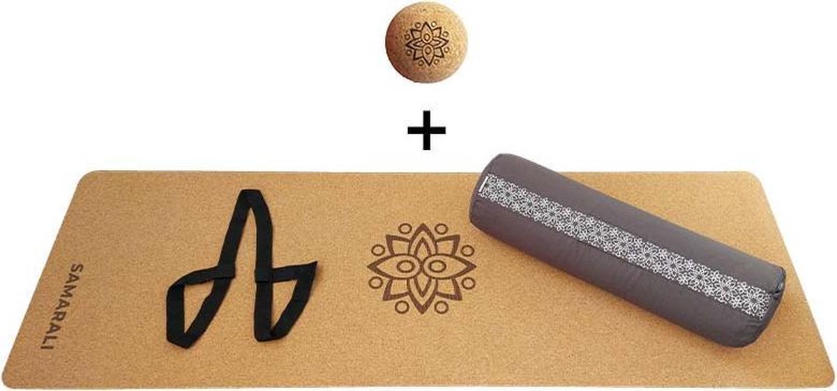 Yin Yoga set – Classic (GRIJS)| Kurk yogamat| Yoga Bolster| Kurk massagebal| Draagiem| Ethisch geproduceerd uit natuurlijke materialen