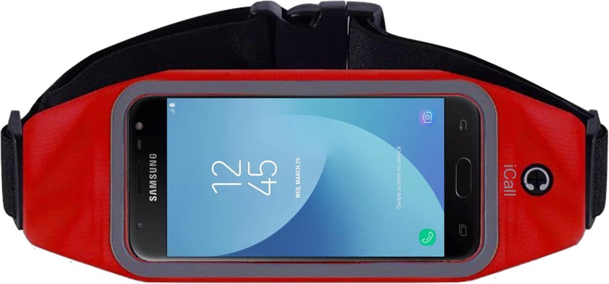 Heupband Running Belt iCall Rood – Hardloopband Sportband Riem met Smartphone Houder – Universeel voor alle telefoons onder andere Apple iPhone Xs Max / 8 / 7 / 6 / 5 en Samsung Galaxy J5 (2017) / J3 / J7