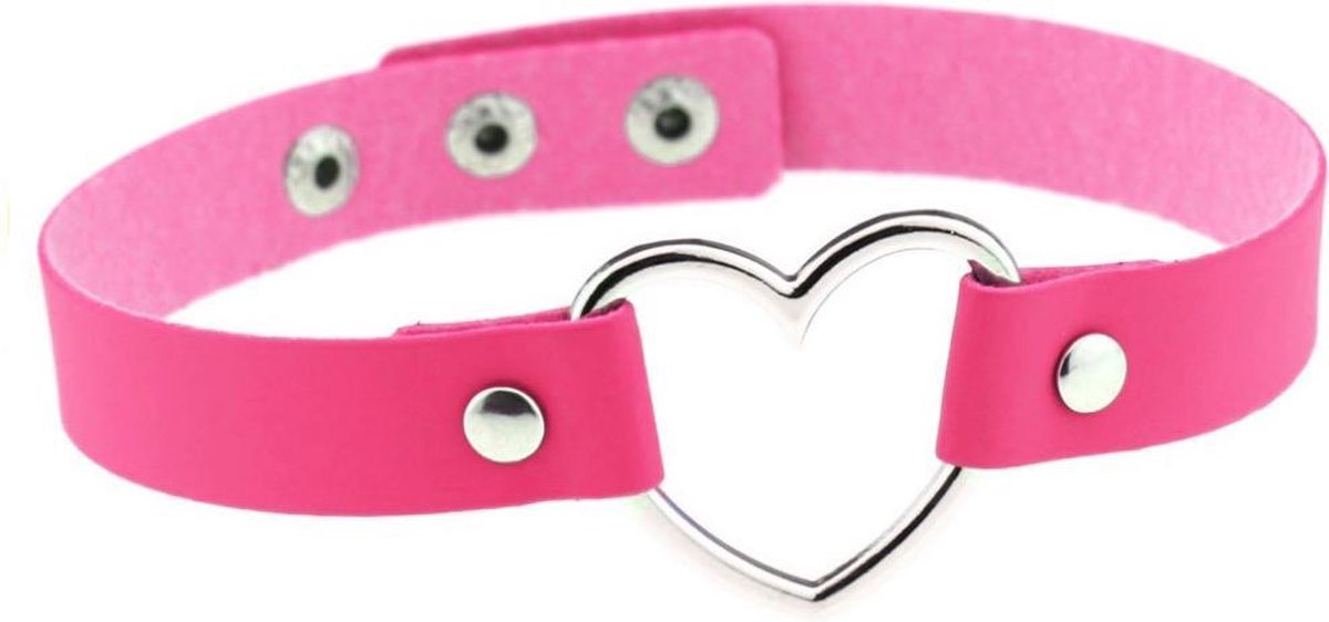 KIMU choker roze hartje - PU leer collar ketting hart halsband sexy