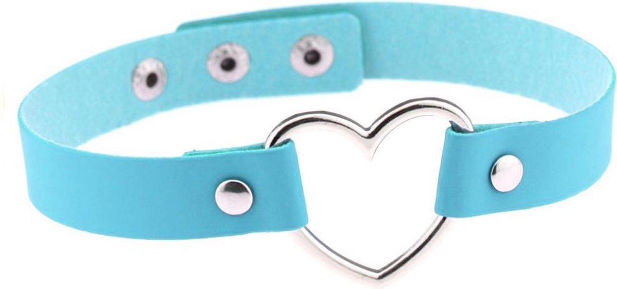 KIMU choker blauw hartje - PU leer collar ketting hart halsband lolita