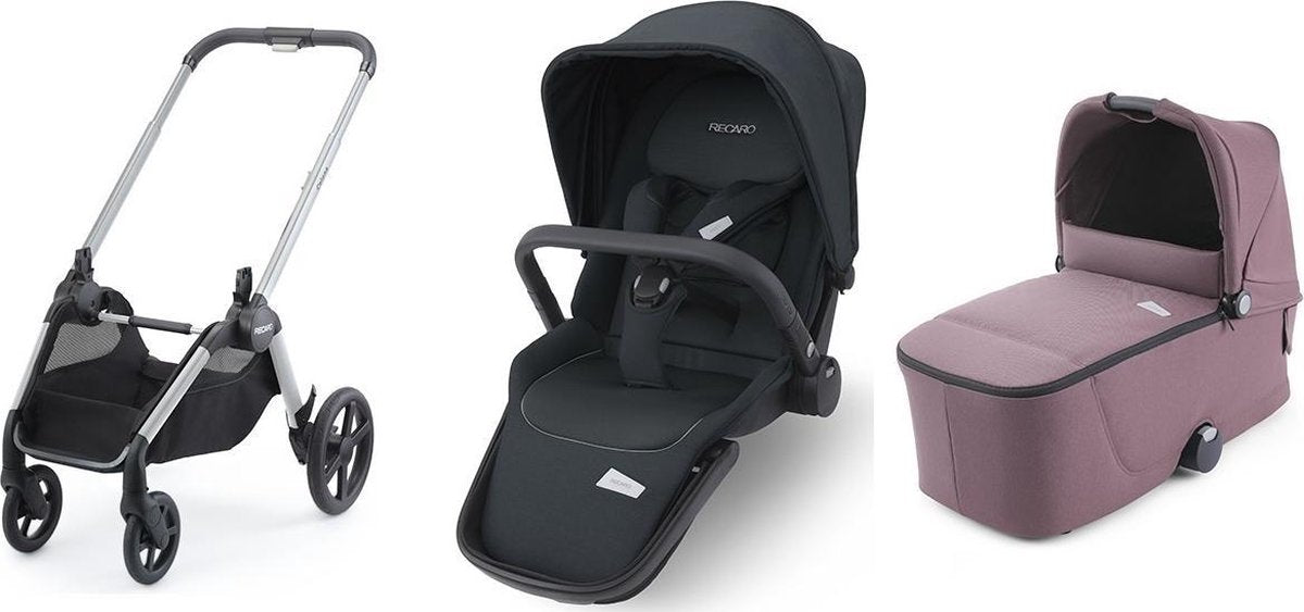 Recaro Celona Kinderwagen - Frame Aluminium Grey met Zitting Prime Mat Black en Reiswieg Prime Pale Rose