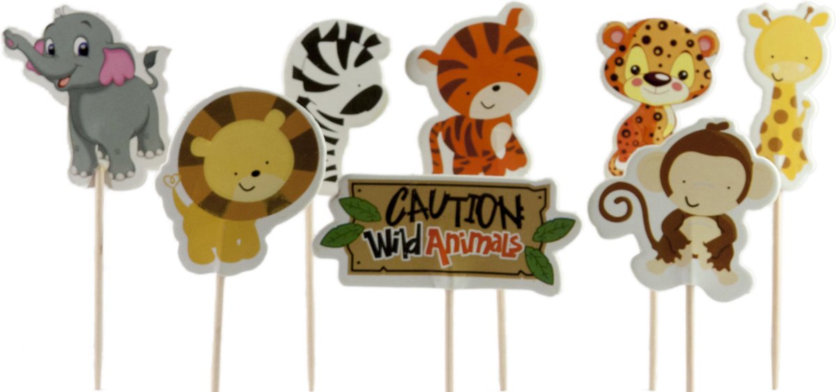 Safaridiertjes | 24 stuks | cocktail prikker | cupcake decoratie | prikkers met versiering | Taartversiering