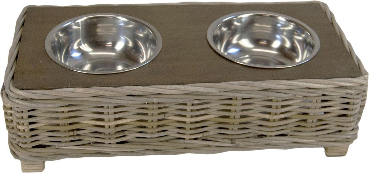 Rieten - Dieren Voerbak - Grijs Rotan - Eetbak - Voederbak - RVS - 50x25x15