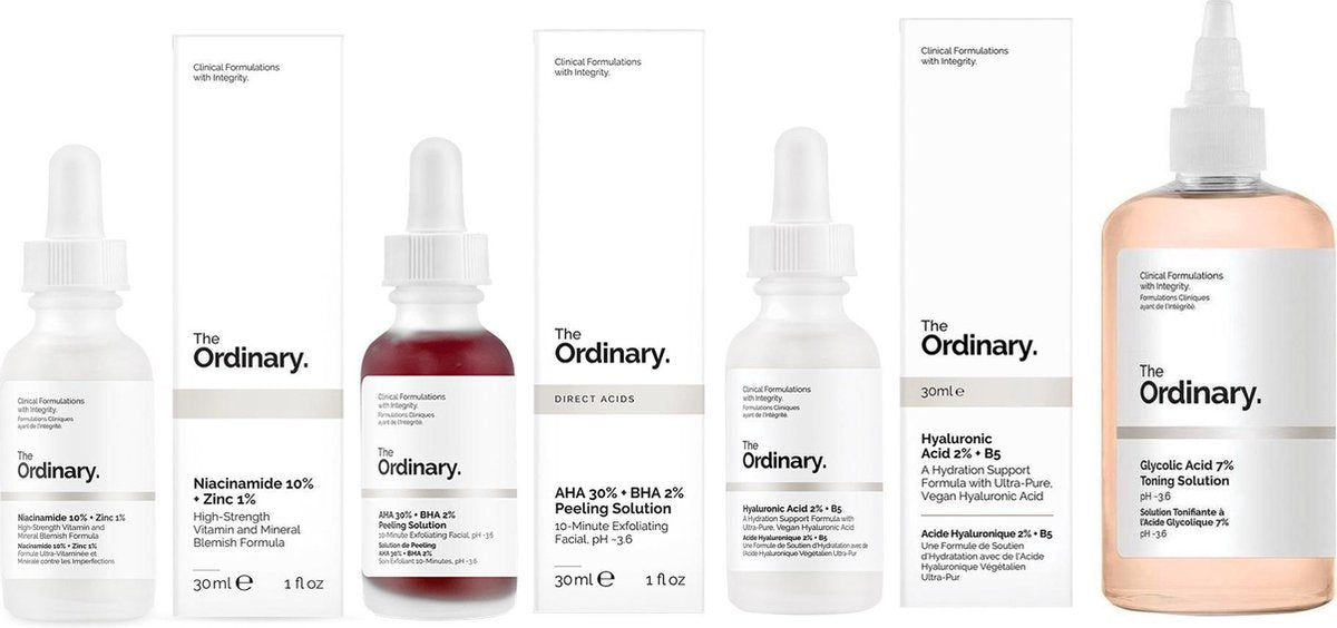 THE ORDINARY BESTSELLERS IN ONE BUNDLE! | AHA 30% + 2% Peeling Solution | Glycolic Acid 7% Toning Solution Tonic Toner | Hyaluronic Acid 2% + B5 | Niacinamide 10% + Zinc 1% | Tegen onzuiverheden | Egale huid | Gezichtsserum | Gezichts peeling