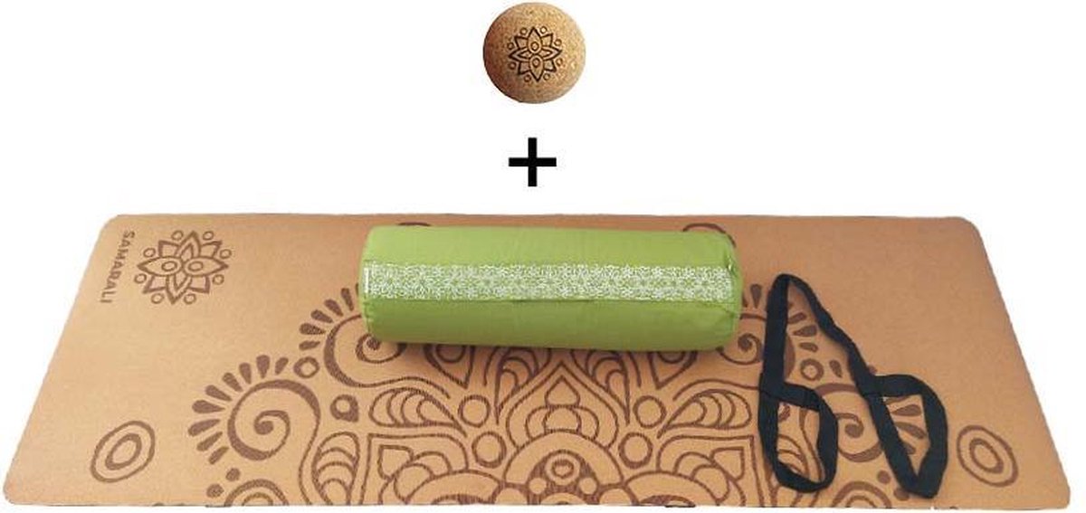 Yin Yoga set – Moon (GROEN)| Kurk yogamat| Yoga Bolster| Kurk massagebal| Draagiem| Ethisch geproduceerd uit natuurlijke materialen